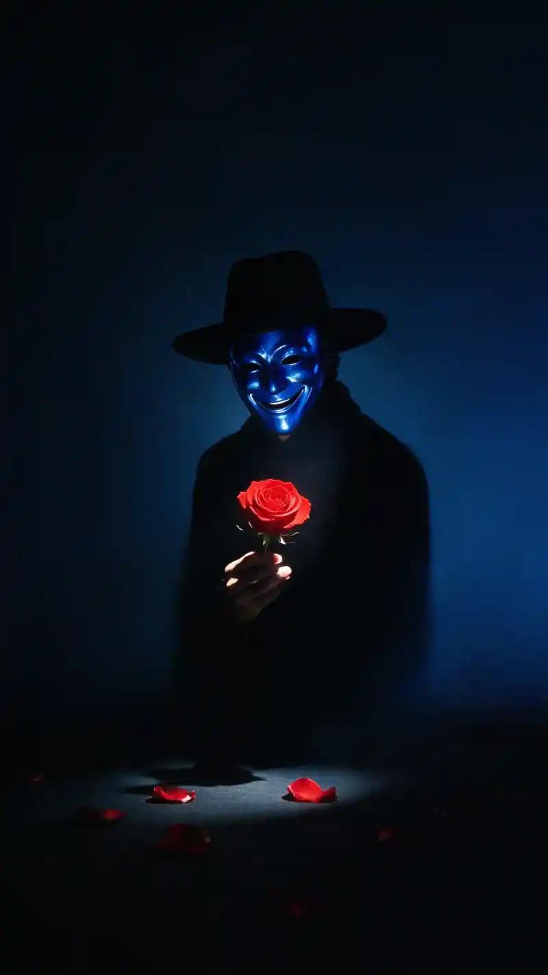 Masked figure with red rose in dramatic studio portrait