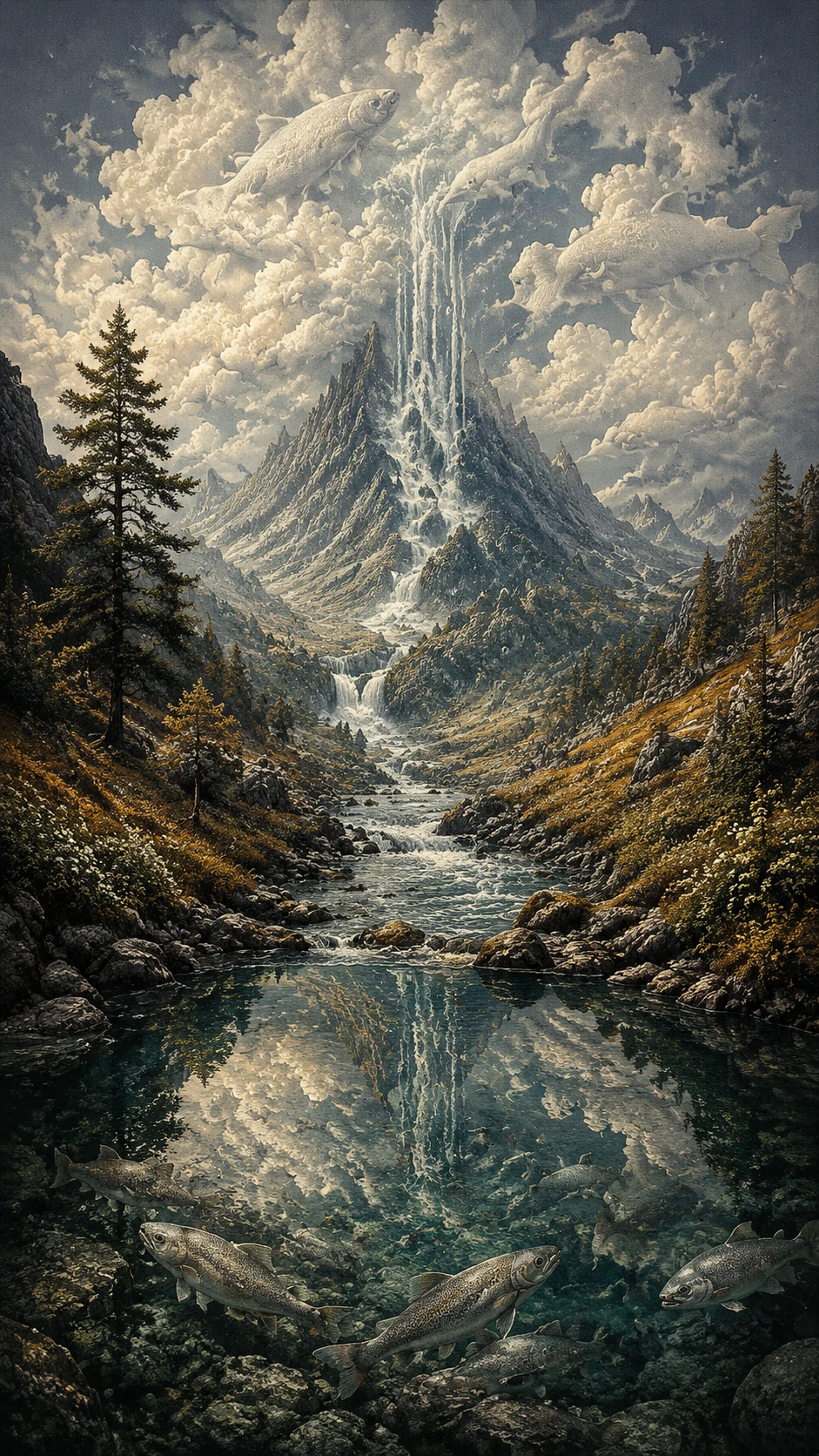 Río surreal que fluye cuesta arriba hacia picos de montañas distantes
