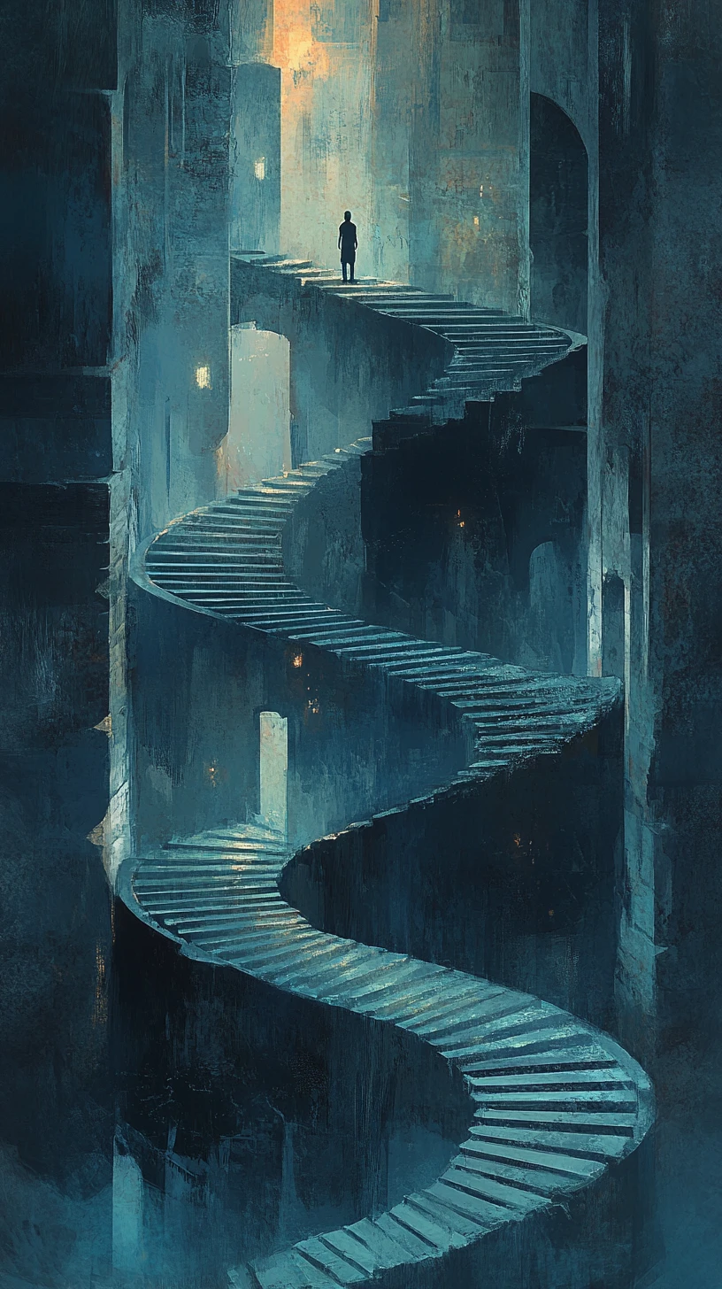 Person at the top of a spiral staircase looking down