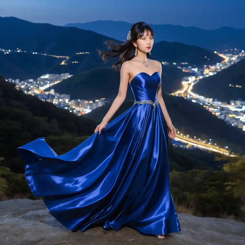 Elegant woman in royal blue satin dress at night
