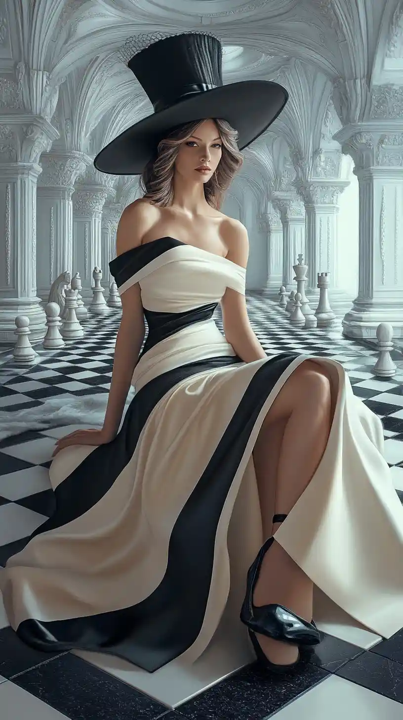 Elegant woman on surreal giant chessboard in arches