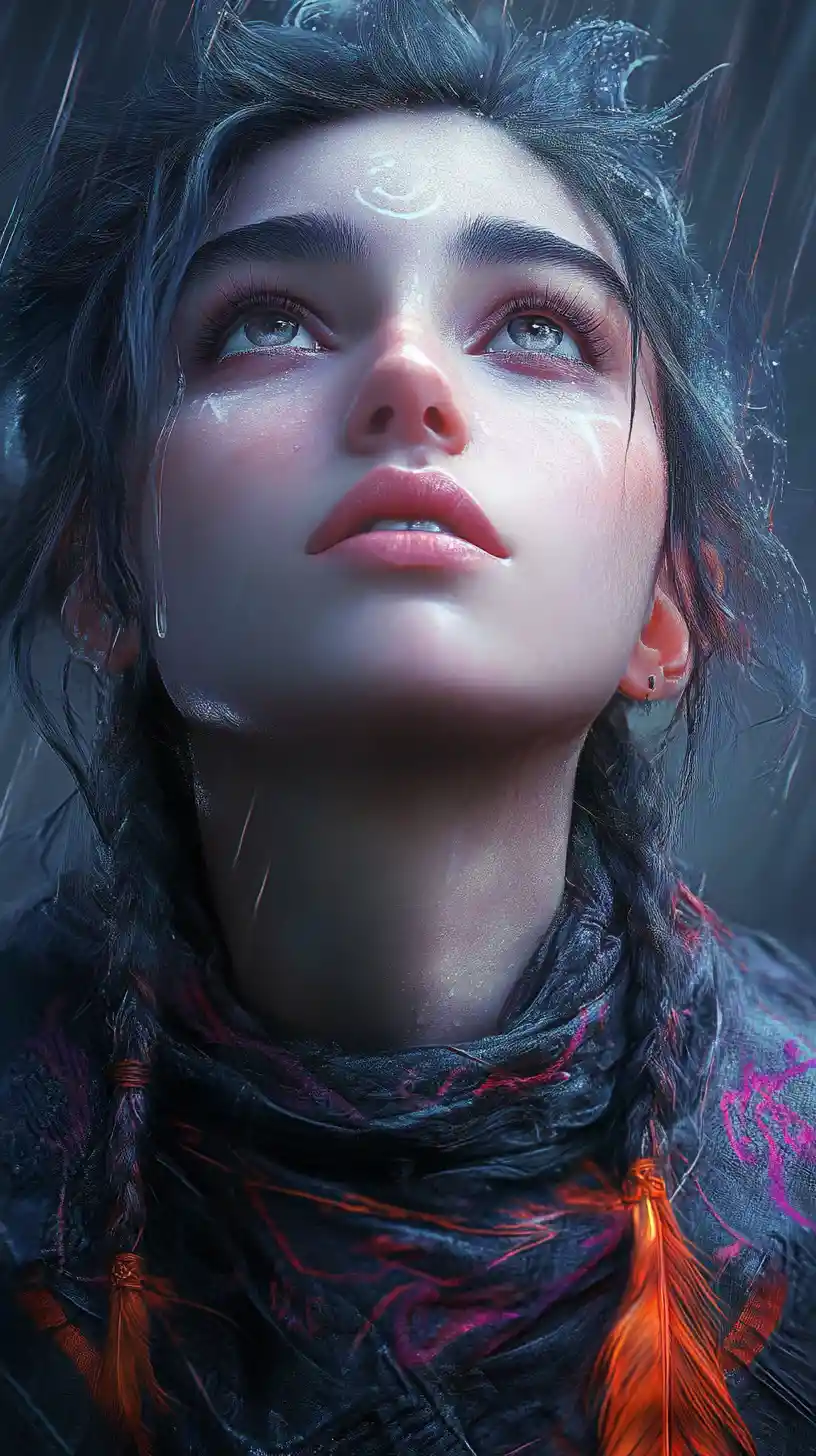 Mystical woman with tearful eyes in a rainy fantasy portrait
