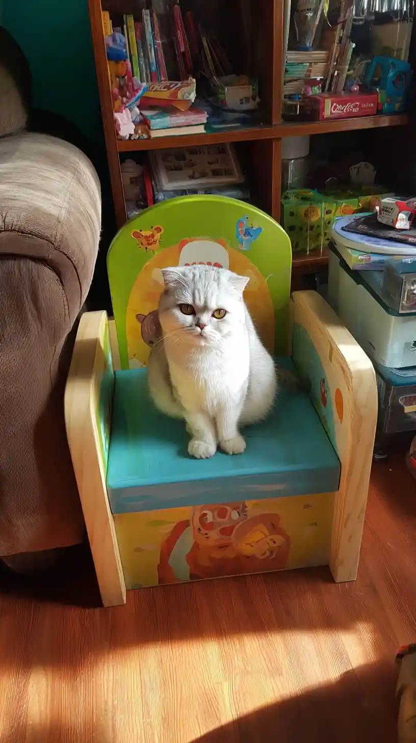 Cute cat sitting like a tiny boss in a toy chair