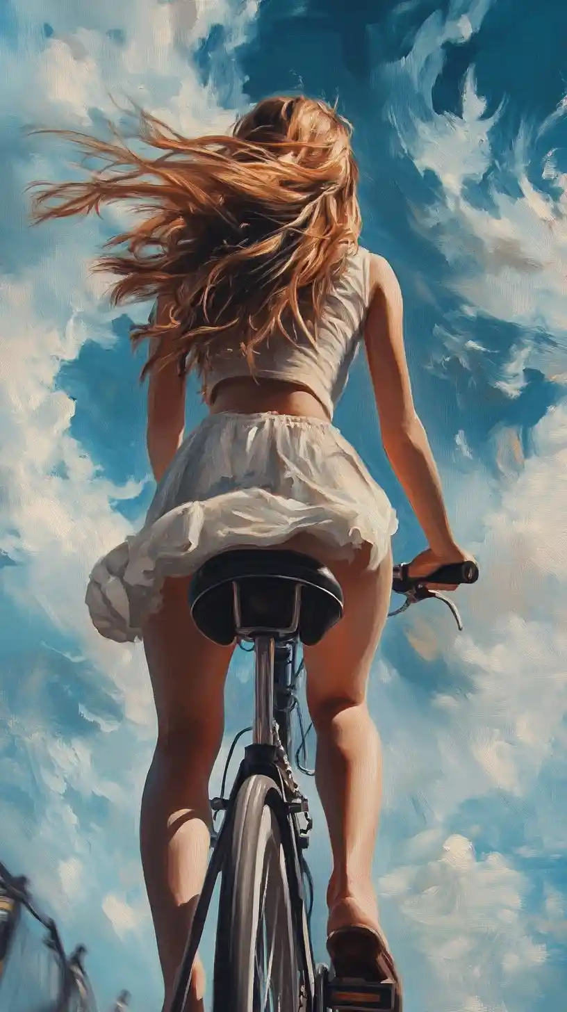 Girl riding a bicycle in a dynamic low angle oil painting
