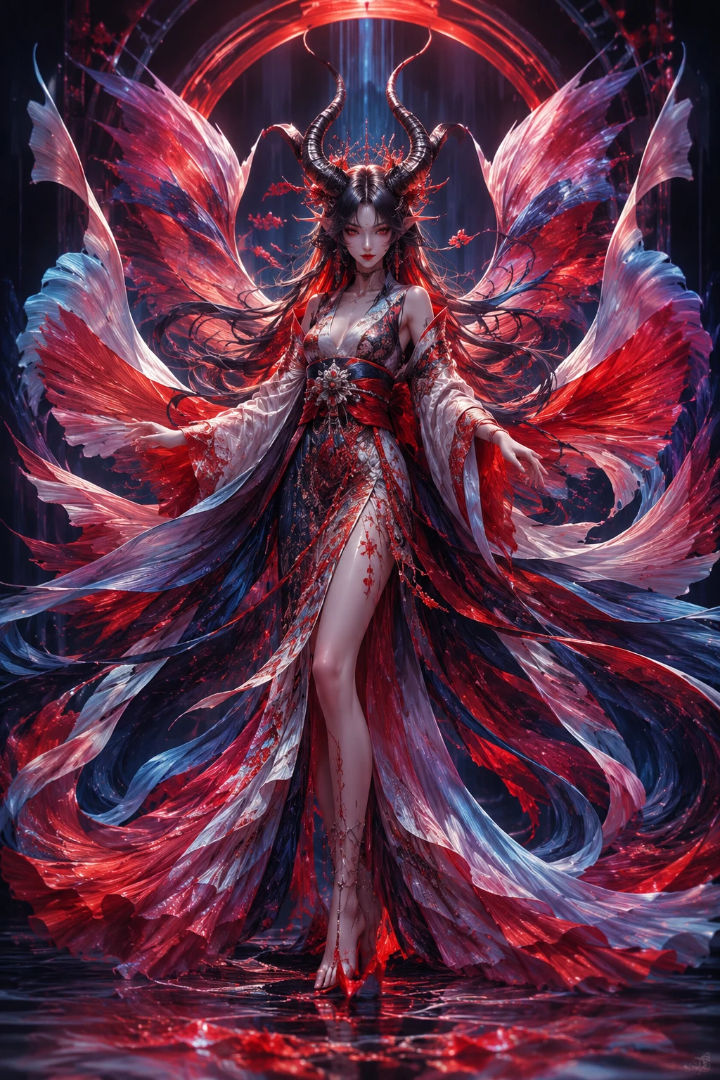 Horned demoness in flowing betta inspired silk kimono