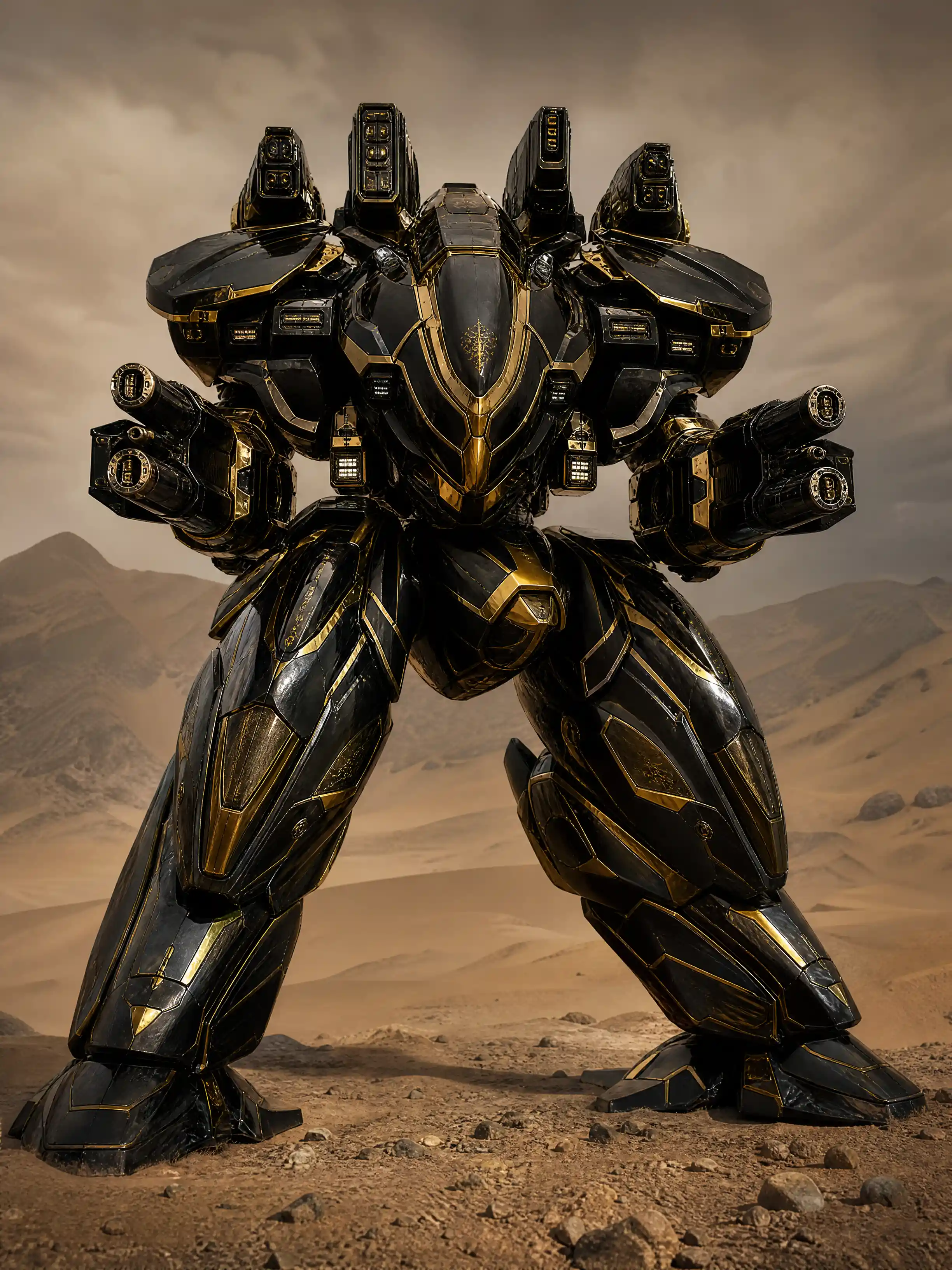 Heavily armored alien combat mech in a desolate desert