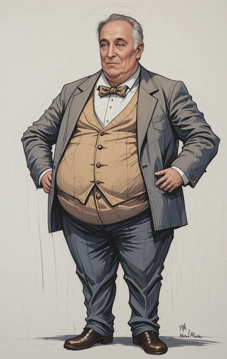 Stern overweight man in formal suit on white background