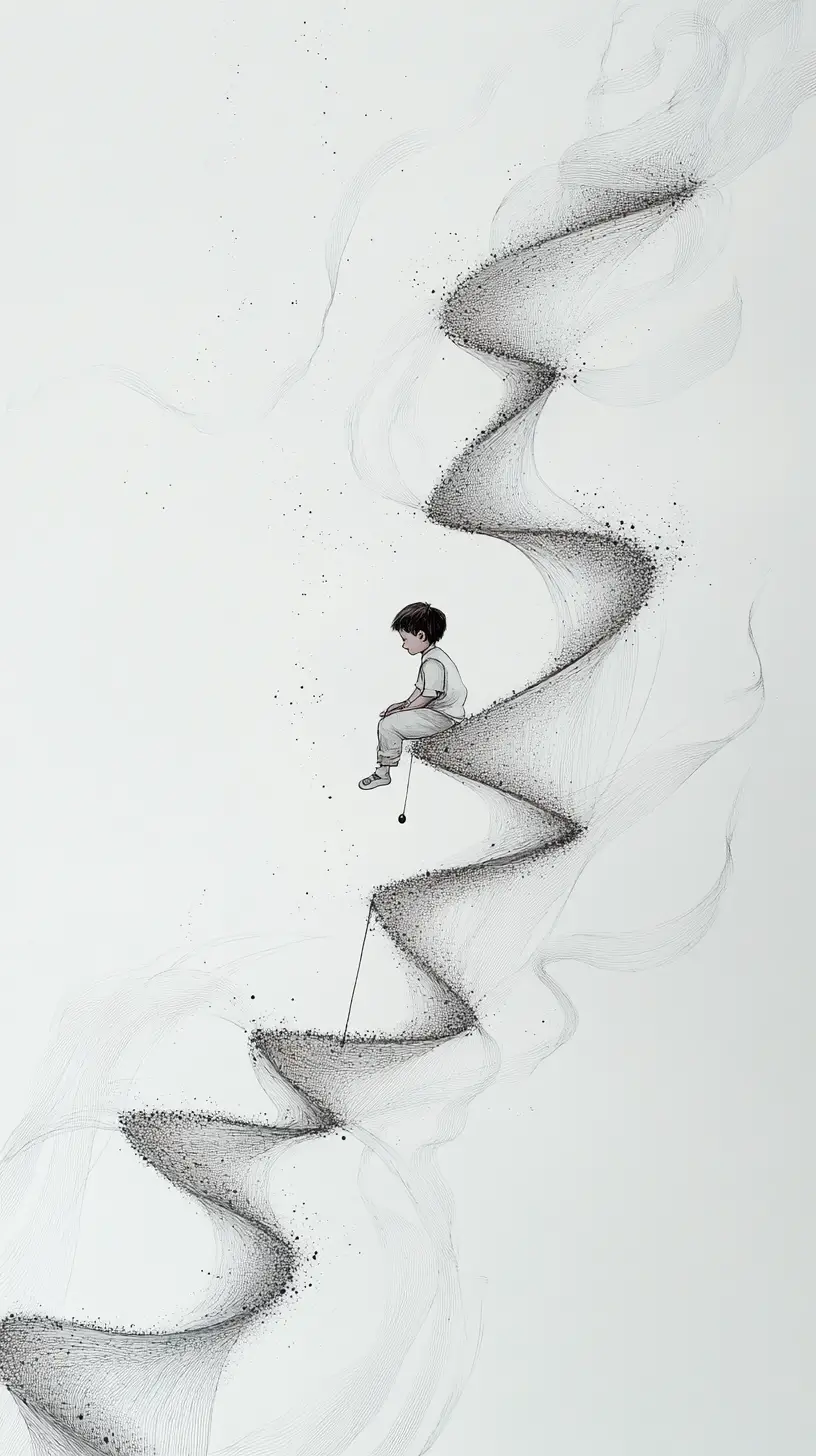 Niño en miniatura subiendo una escalera infinita de hilo en el cielo