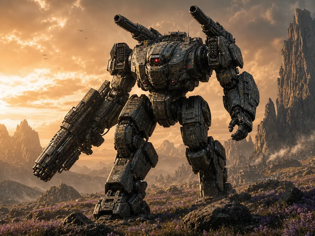 Armored war mech striding through rugged alien terrain