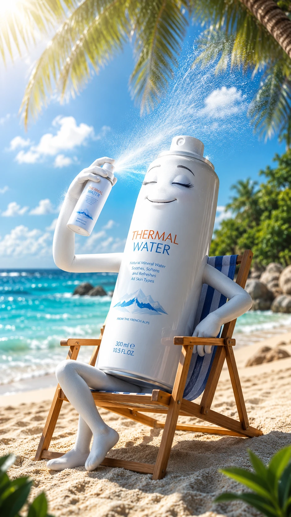 Anthropomorphic spray can relaxing on a sunny tropical beach