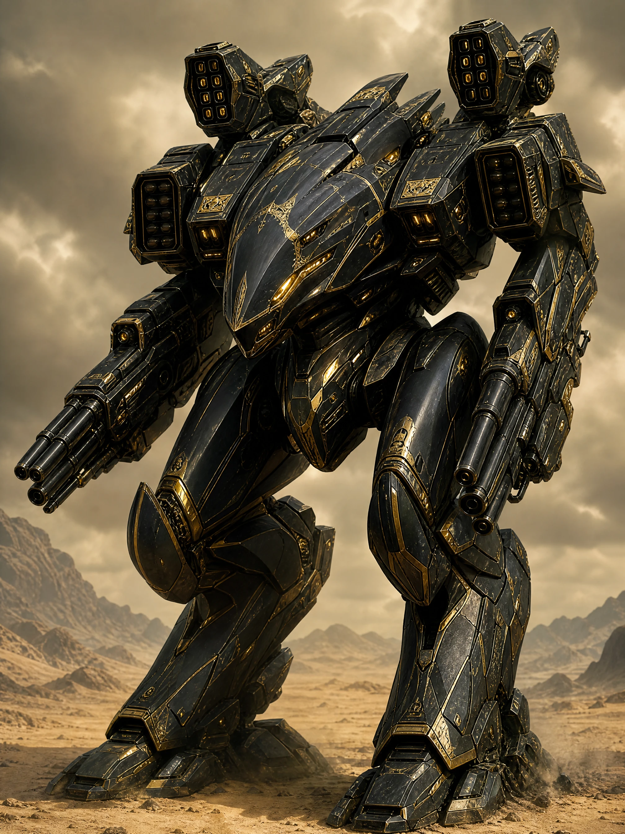 Armored alien war mech in a vast desert landscape