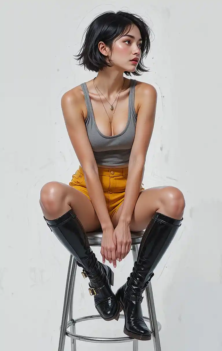 Confident woman seated on stool in stylish modern outfit