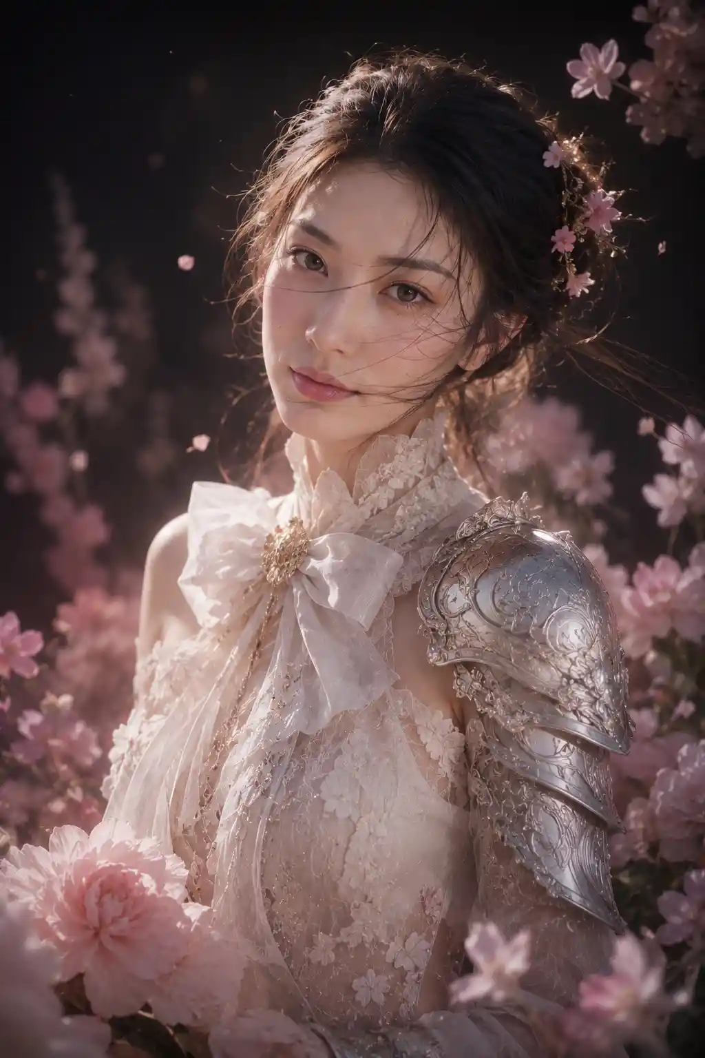 Young woman in lace qipao with silver shoulder armor