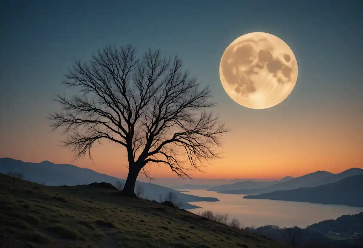 Albero senza foglie sotto una luna gigante sopra tranquille colline sul lago