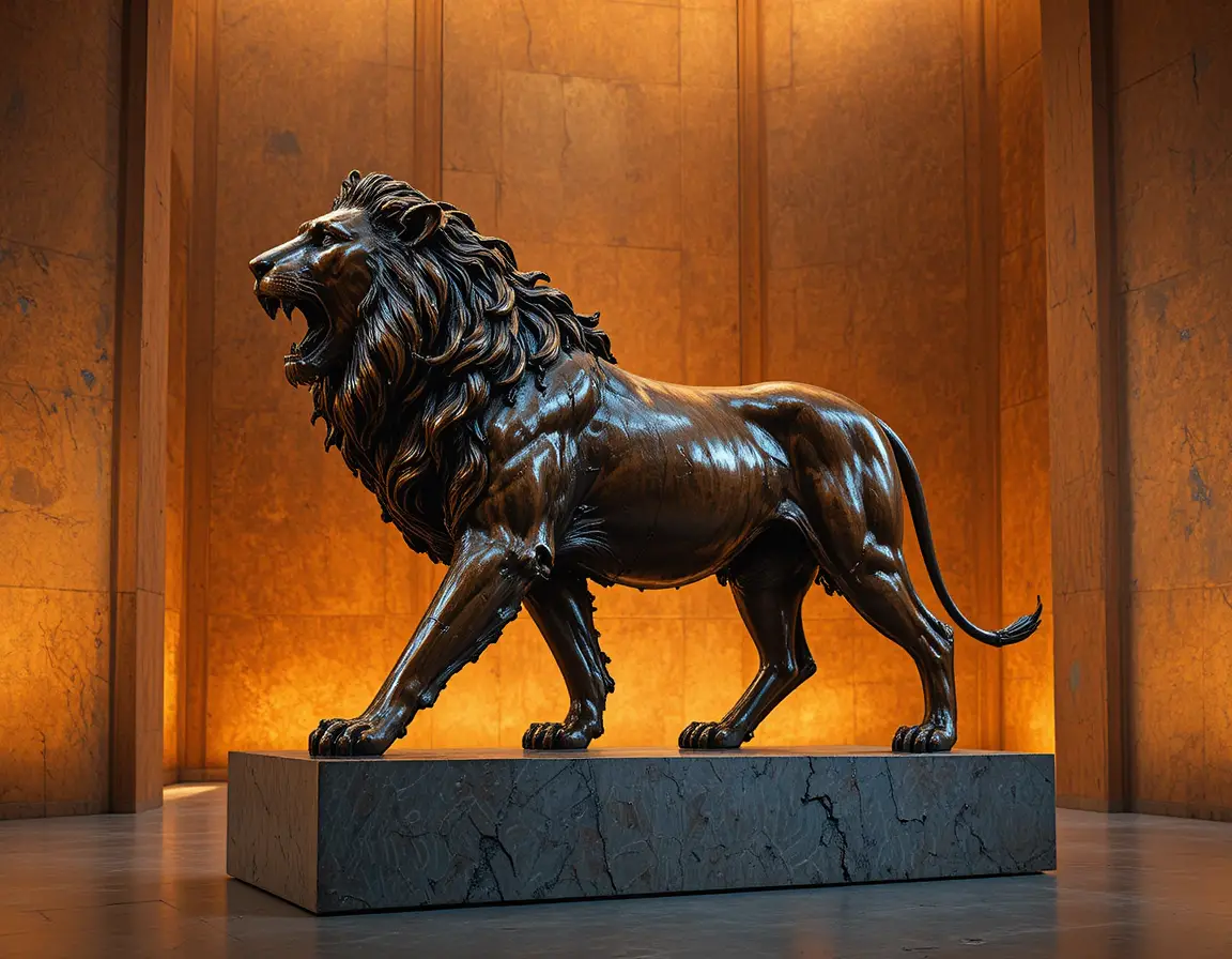 Bronze lion sculpture in profile on a textured base
