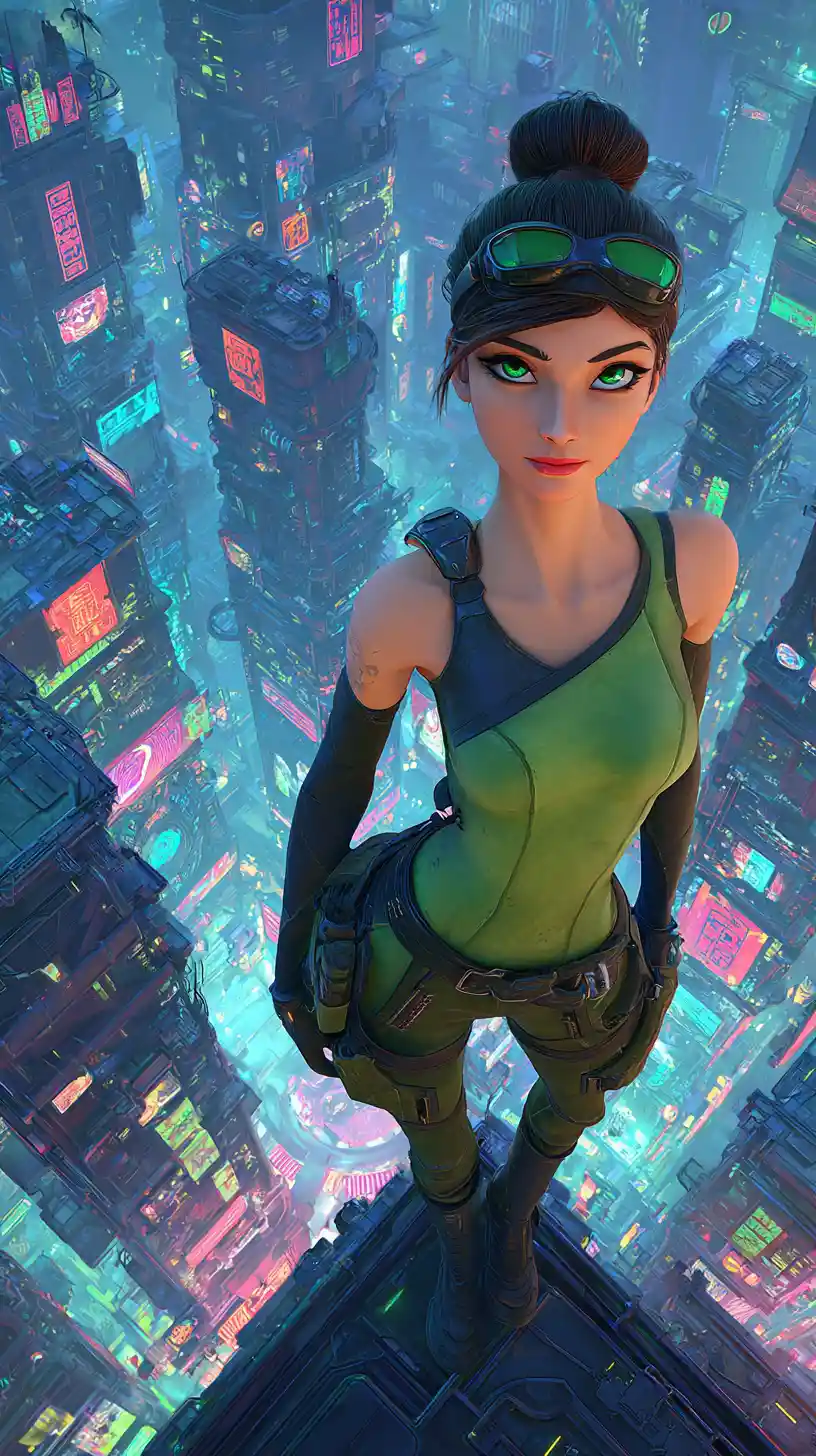 Cyberpunk woman overlooking a neon futuristic cityscape