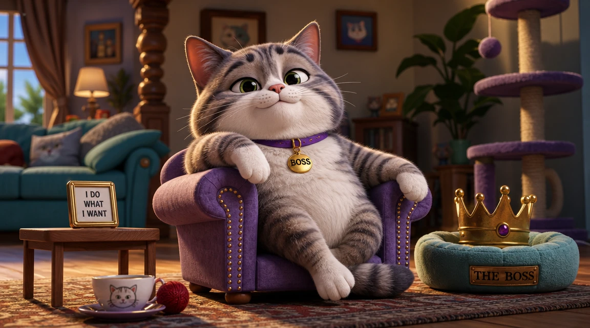 Cute cat sitting like a tiny boss in a toy chair