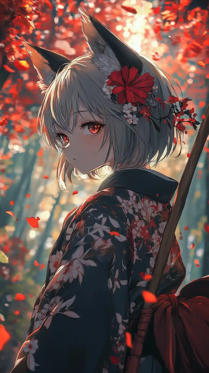 Fox eared anime girl in kimono among glowing blossoms