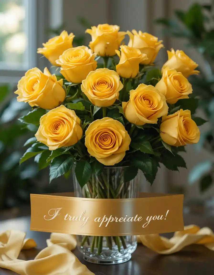 Golden yellow roses in crystal vase with satin message banner