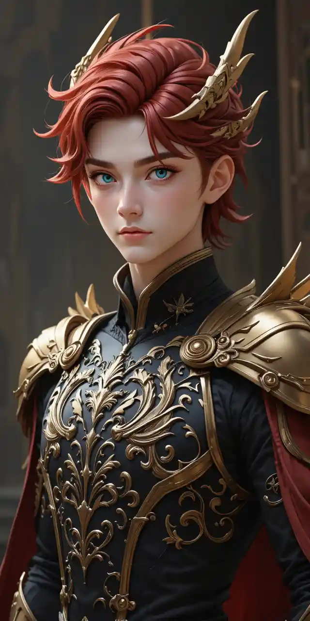 Young anime hero in ornate draconic armor with horns