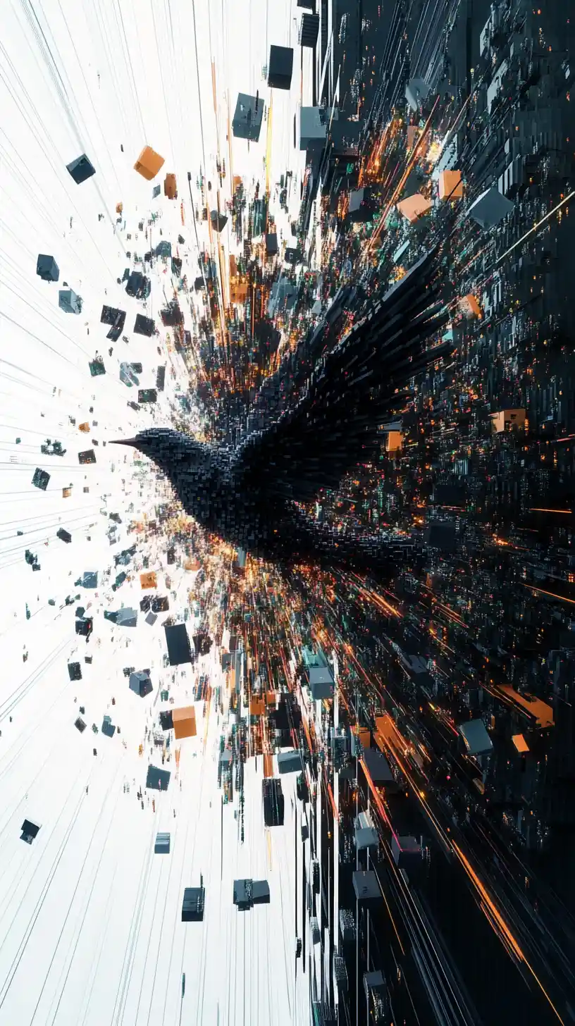 Bird Disintegrating Into Voxel Cubes And Data Streaks