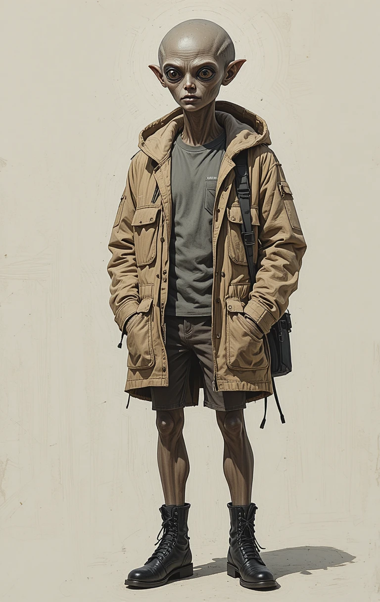 Stoic grey alien in hooded jacket with combat boots
