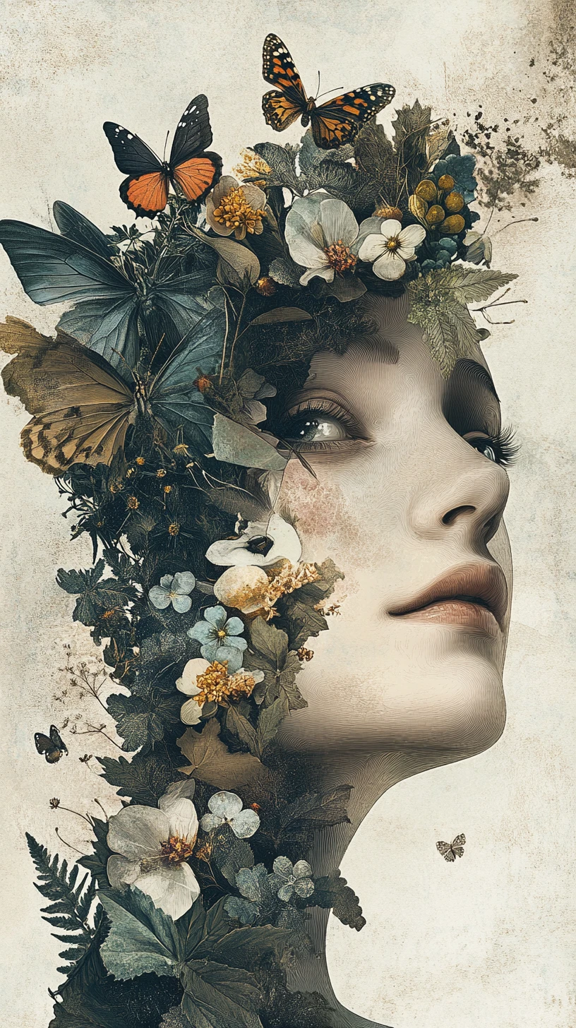 Ethereal woman with ceramic face revealing inner botanical garden
