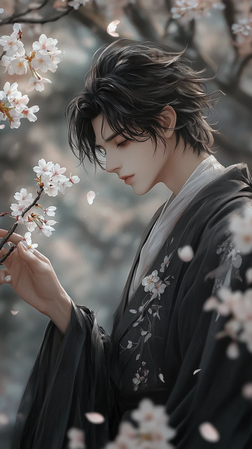 Anime man touching cherry blossoms in soft grayscale forest