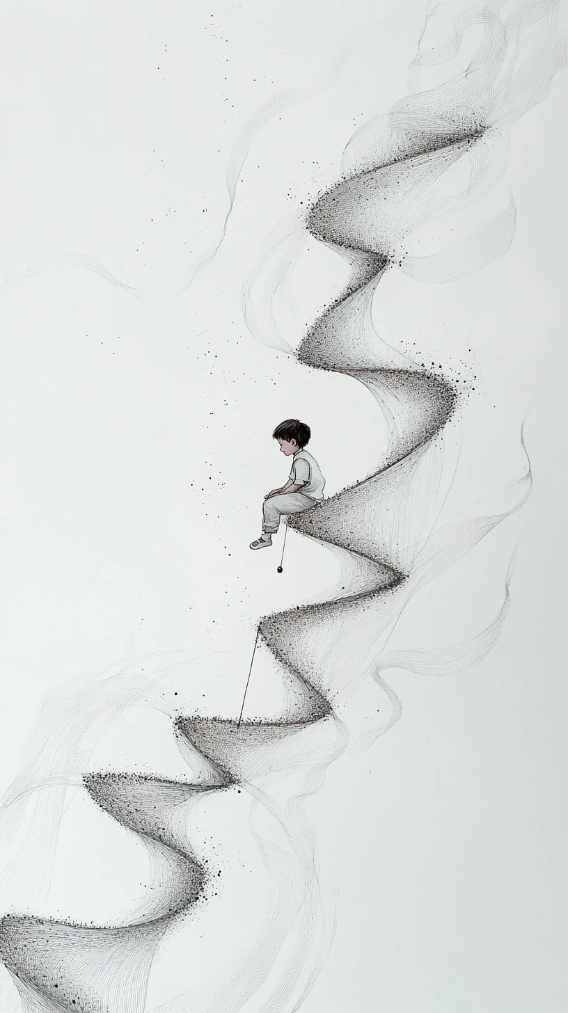 Miniature child climbing an endless thread staircase in the sky