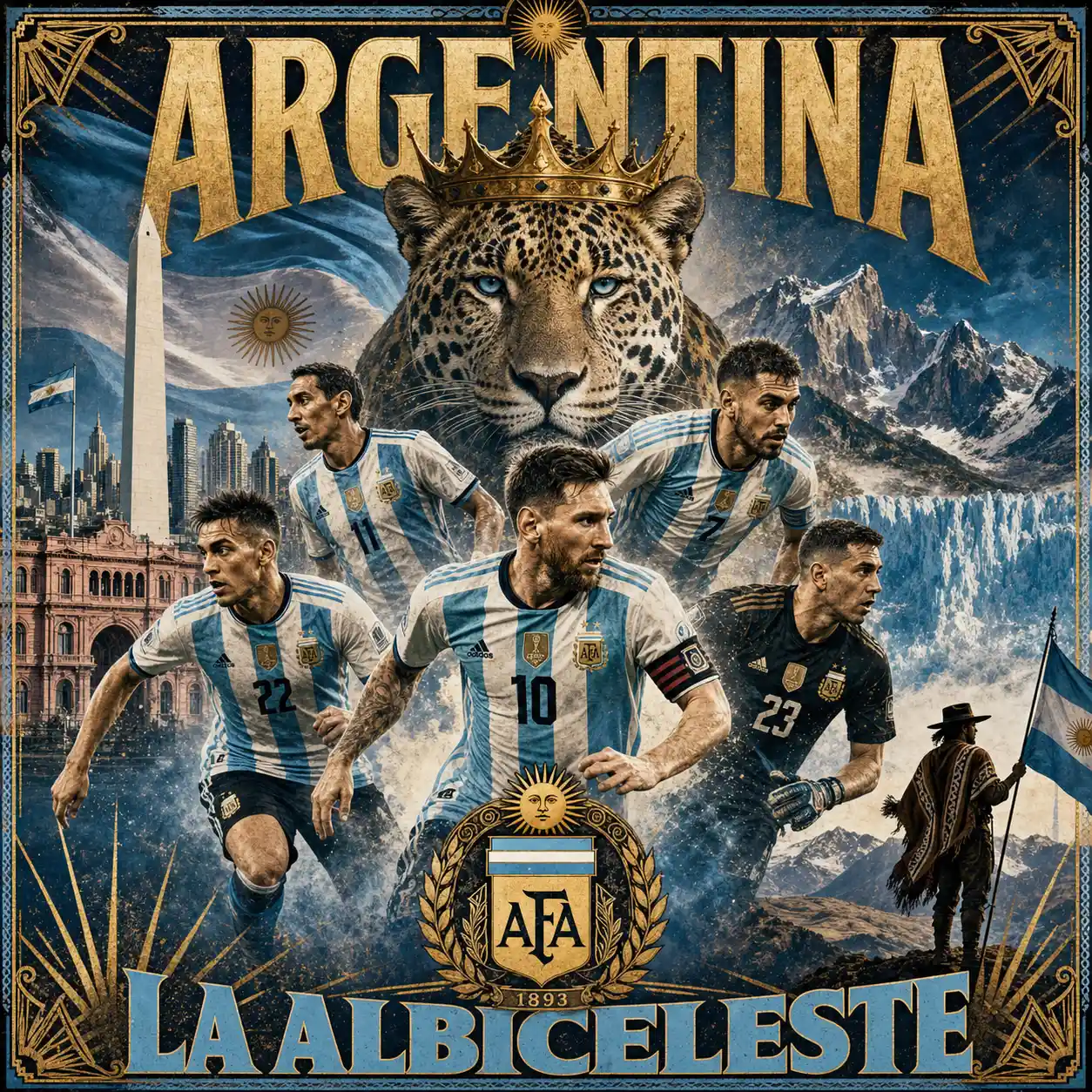 Argentina football heroes in dynamic vintage poster scene