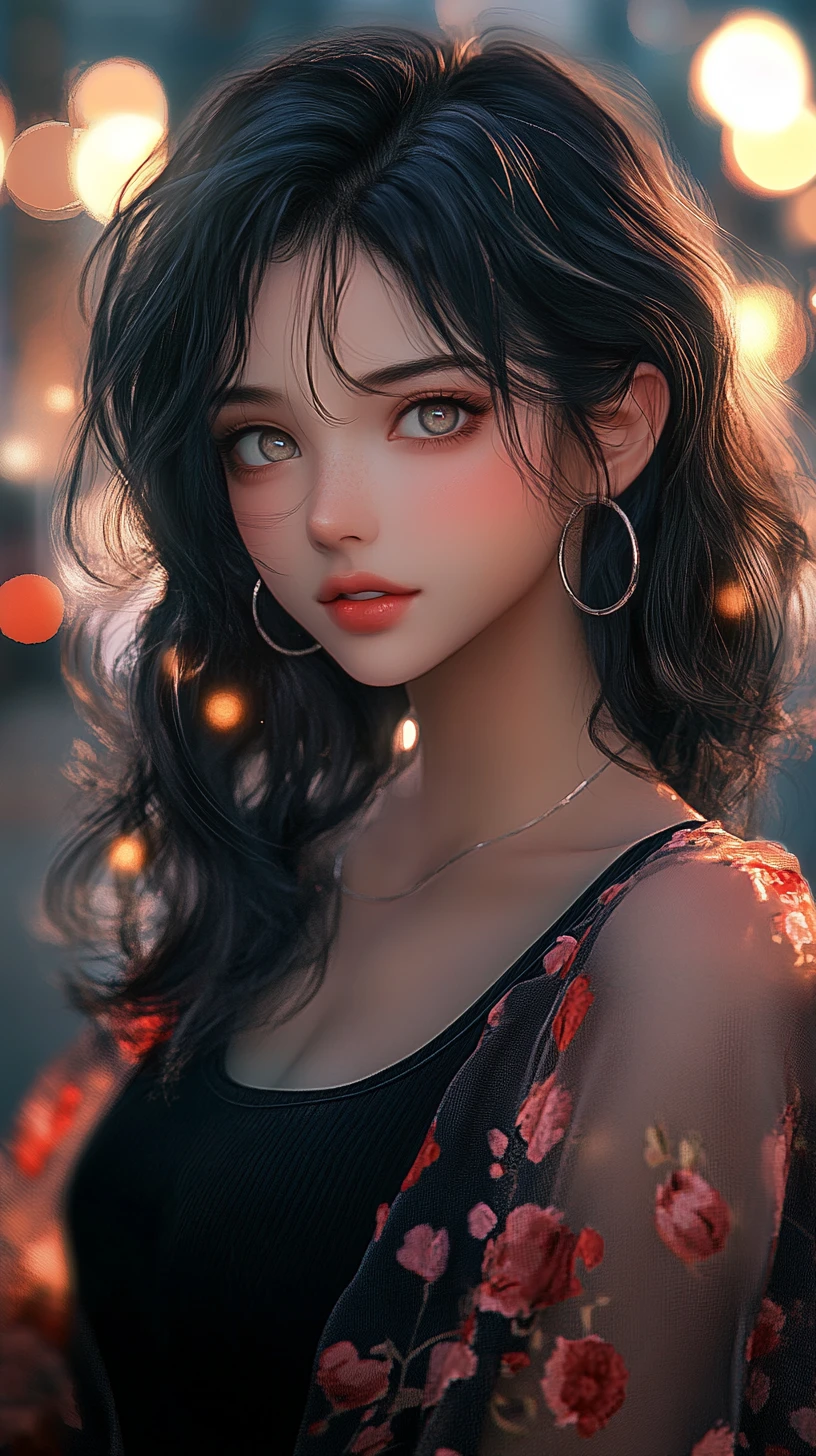 Anime girl portrait with city lights at twilight