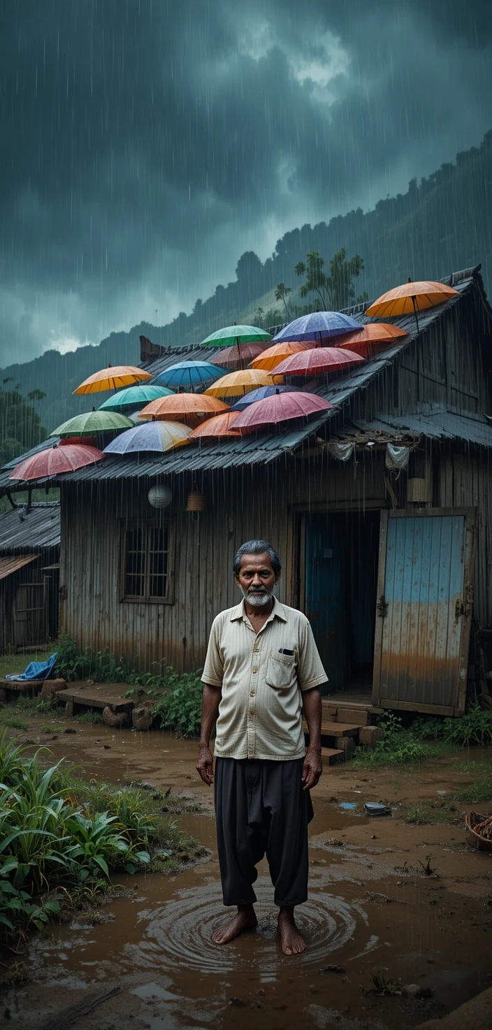 Indian farmer in heavy rain before a flooded village house