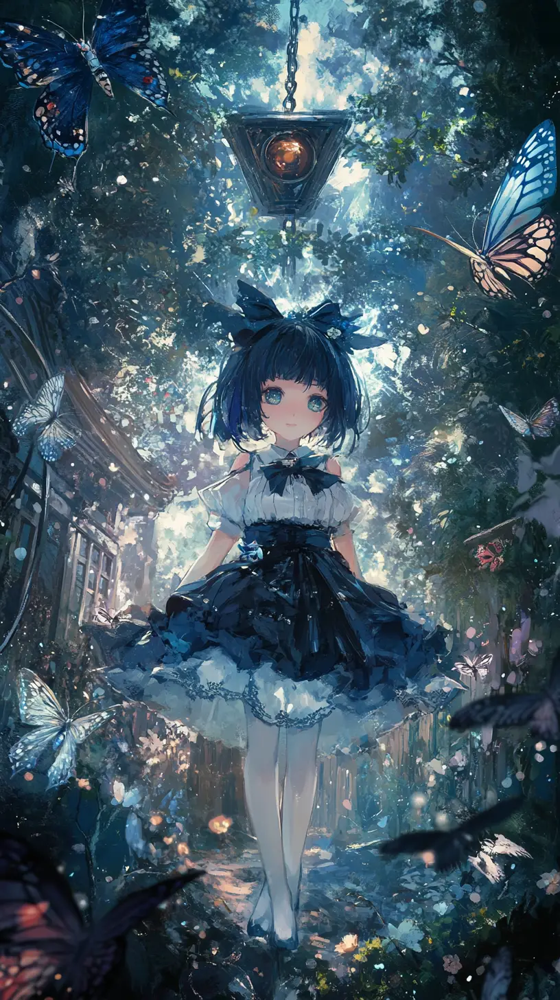 Anime girl at a Japanese temple with night fireworks
