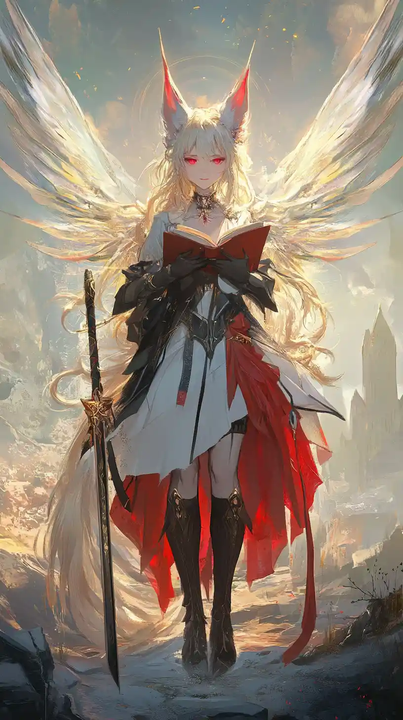 Angel winged girl with spear before desert castle