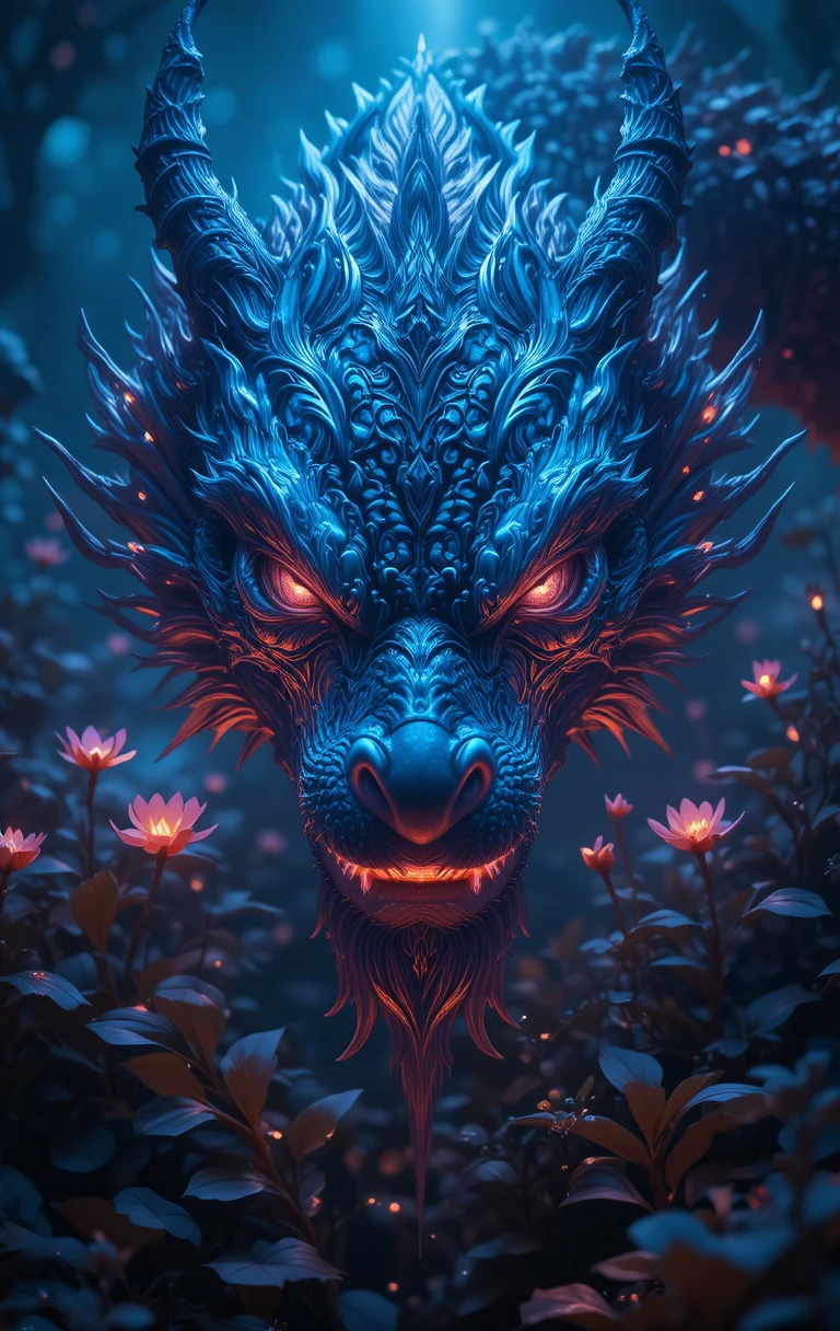 Majestic dragon face glowing among mysterious forest lights