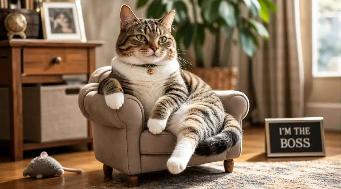 Cute cat sitting like a tiny boss in a toy chair