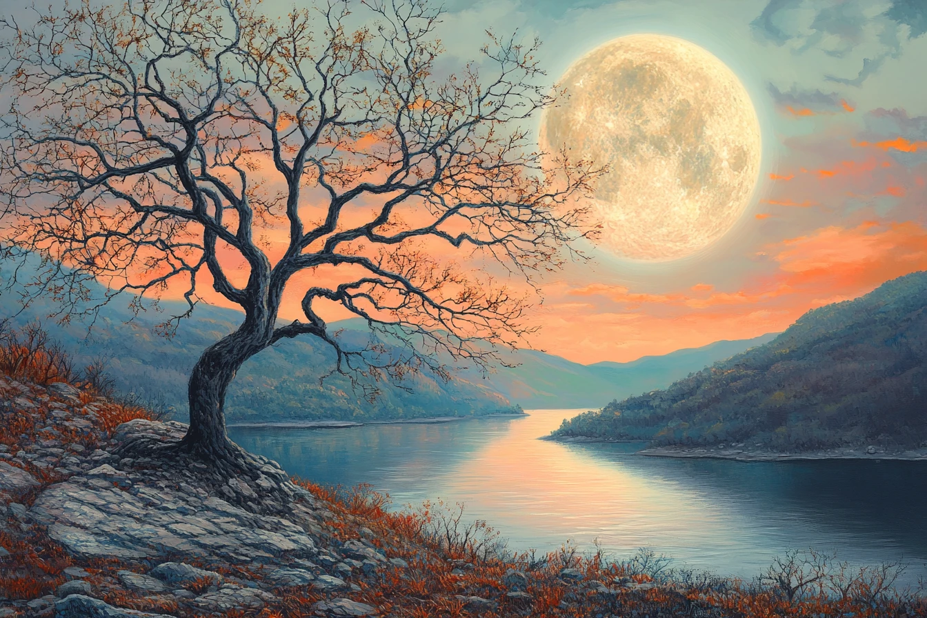 Leafless tree on hillside under a giant moon