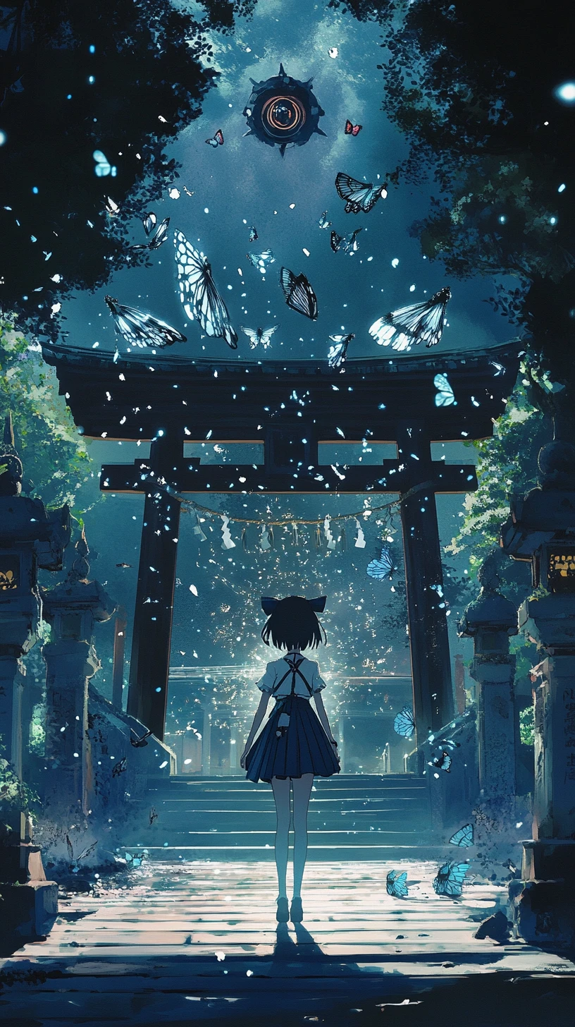 Anime girl at a Japanese temple with night fireworks