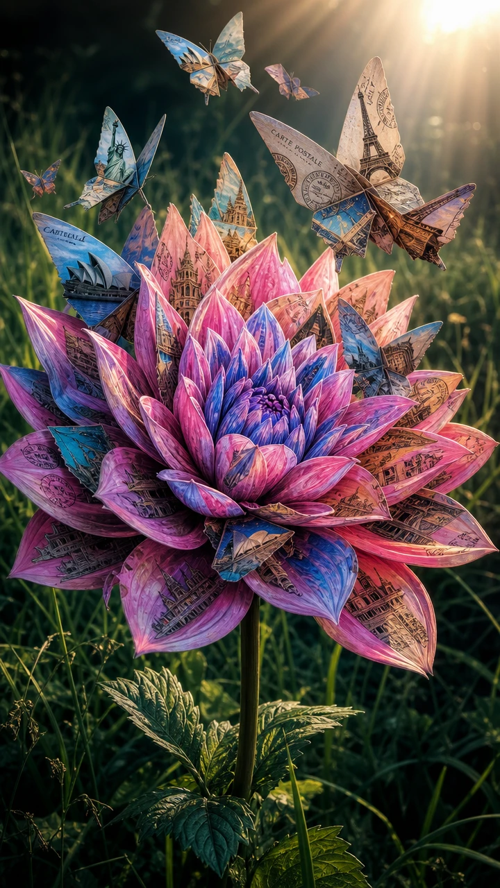 Glowing Dahlia Flower With Origami Butterflies In Meadow