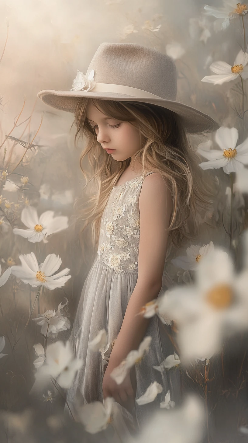 Young girl in grey dress among giant ethereal flowers