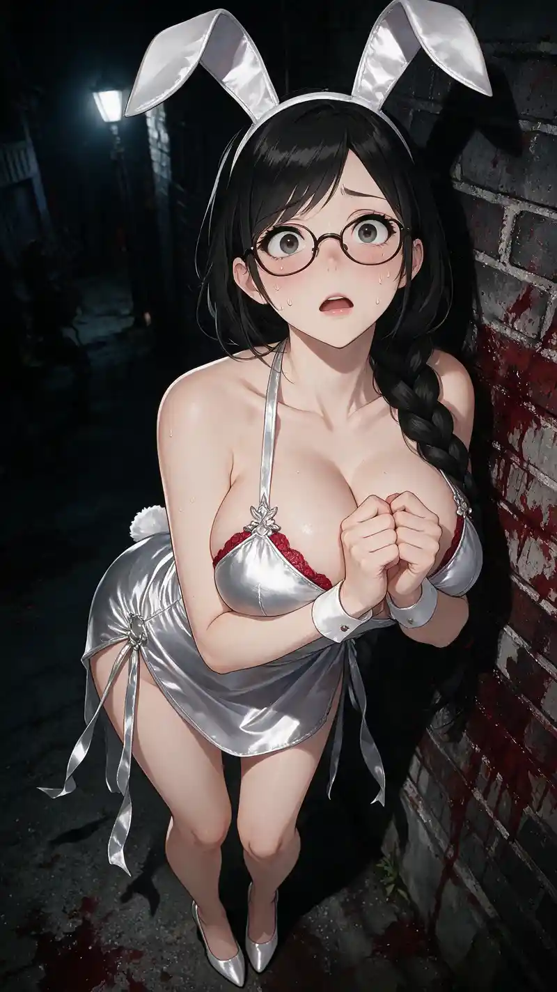 Terrified anime girl in bunny outfit under streetlight