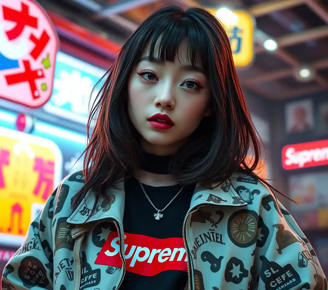 Surreal fashion woman in chaotic pop inspired streetwear scene