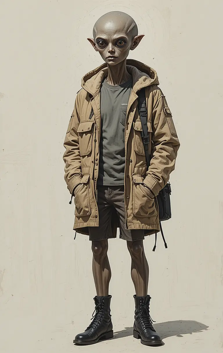 Stoic grey alien in hooded jacket with combat boots