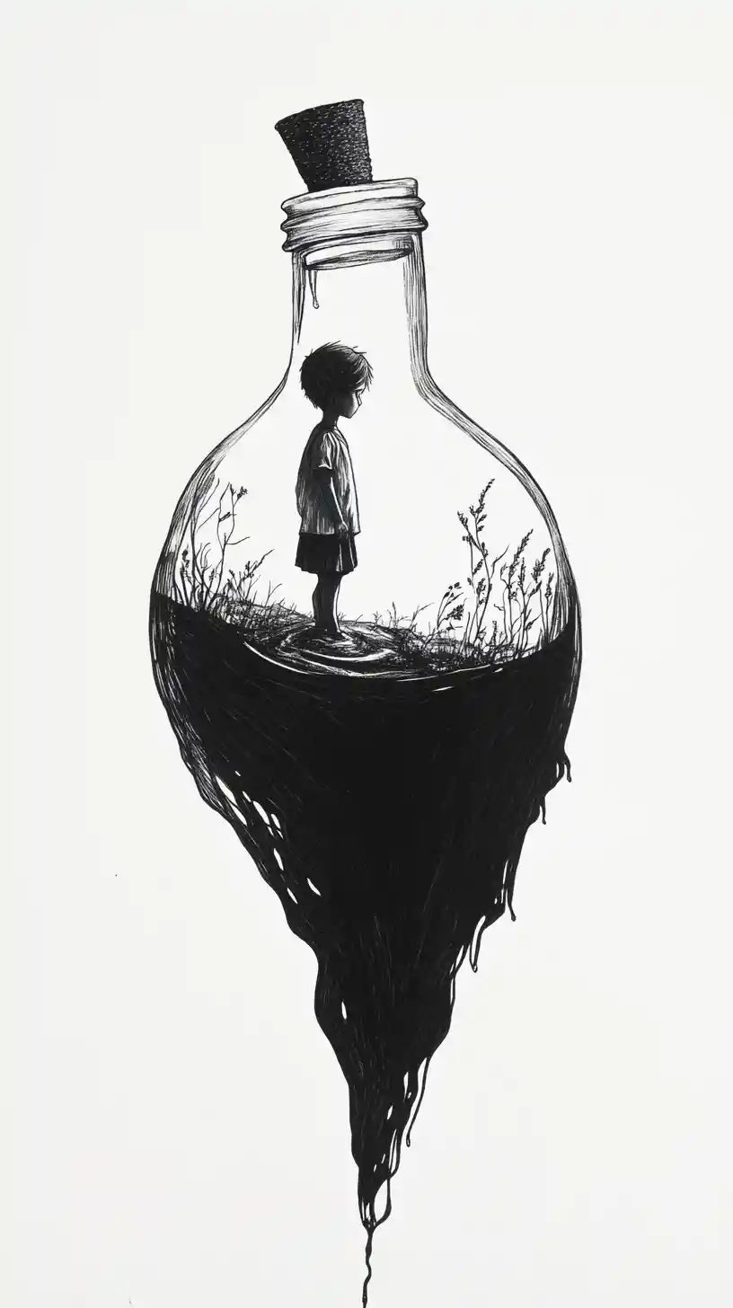 Child In A Giant Ink Bottle World With Flowing Black River