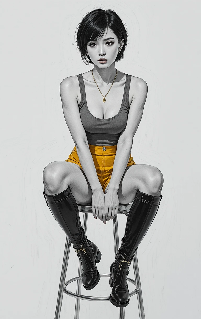 Confident woman in mustard shorts on metal stool