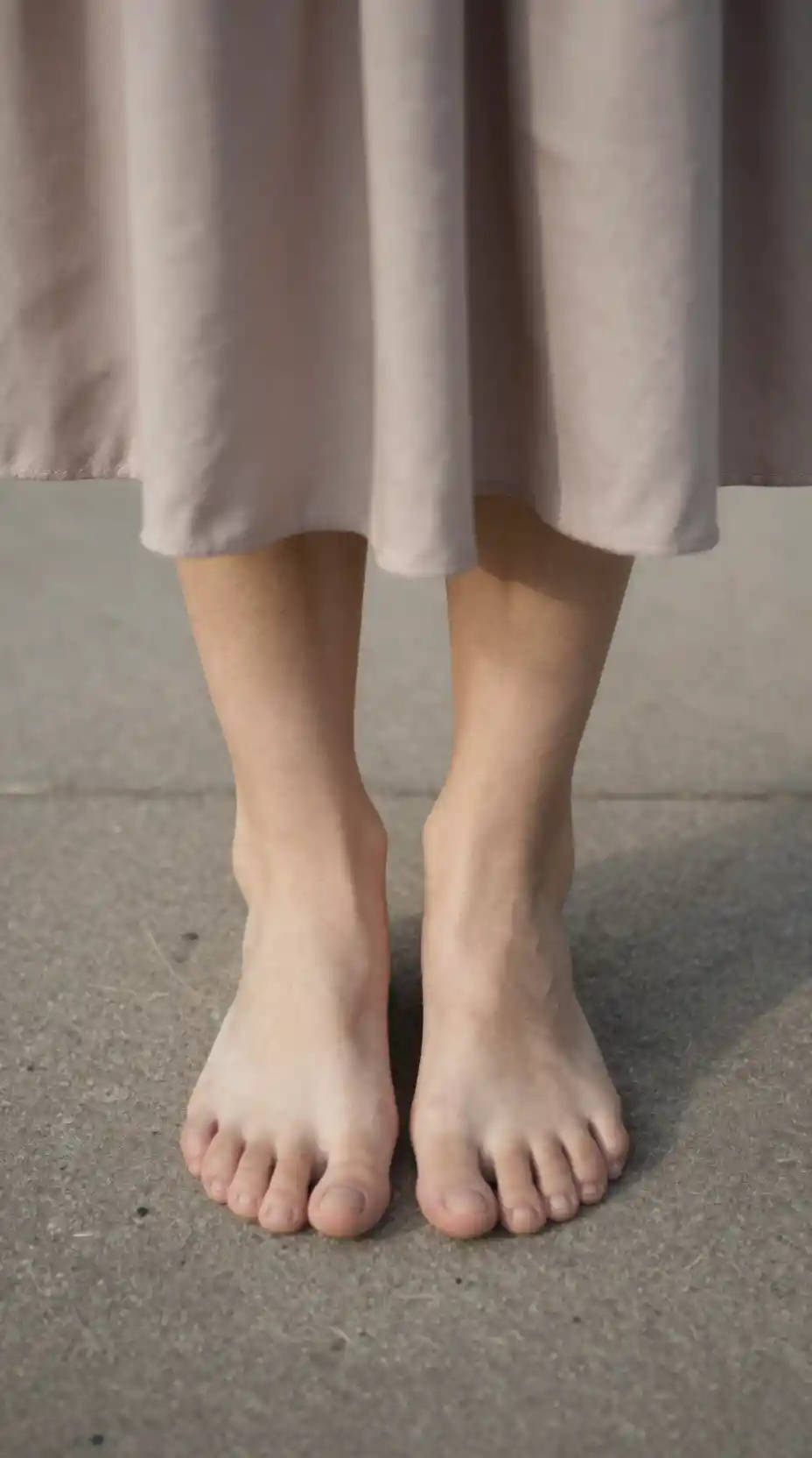 Low angle view from beneath a womans bare feet and skirt
