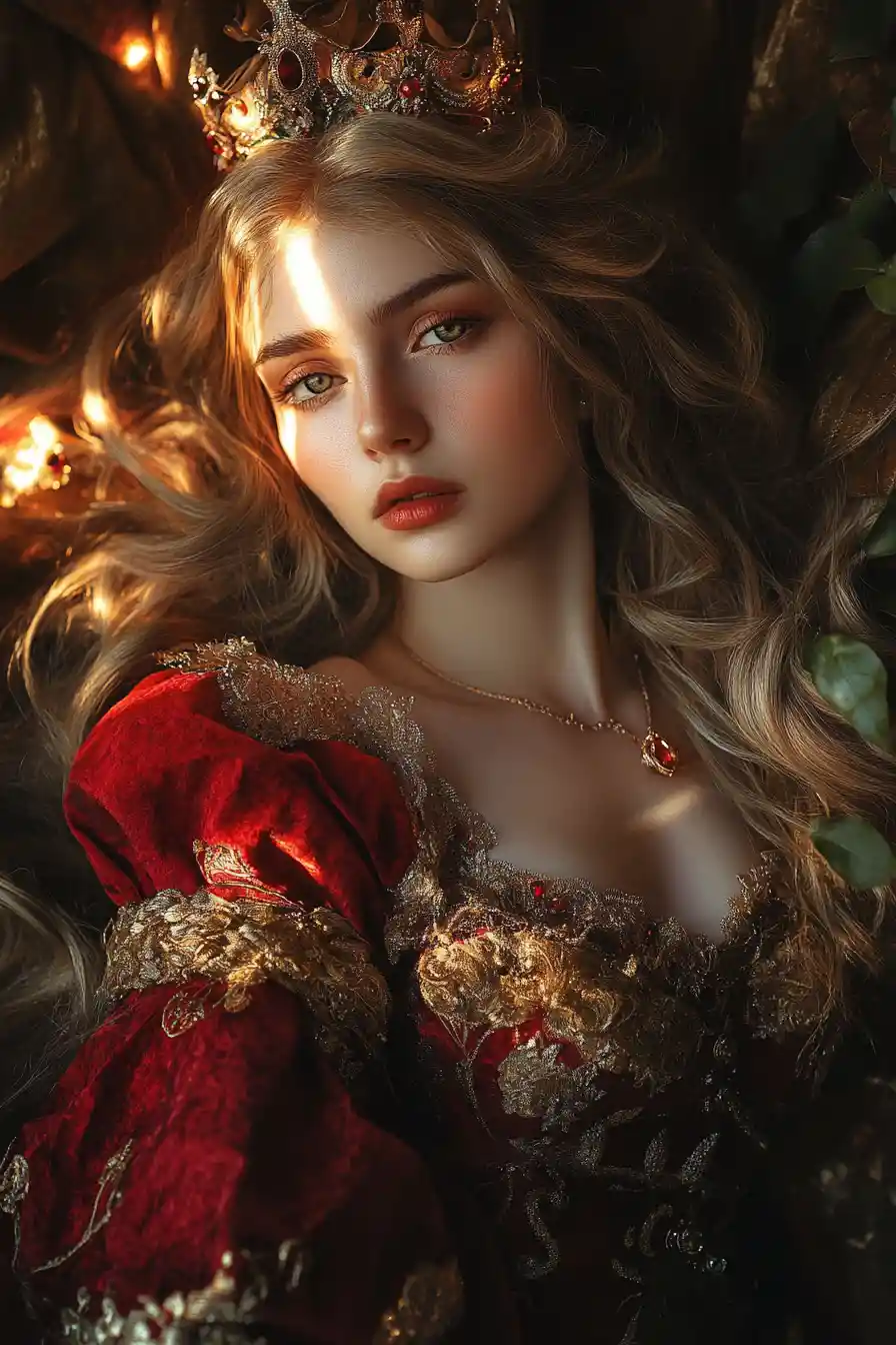 Cinematic queen figure commanding attention with dramatic lighting