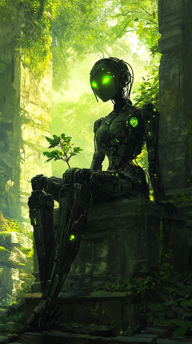 Cyborg woman on a mossy throne in ruined temple