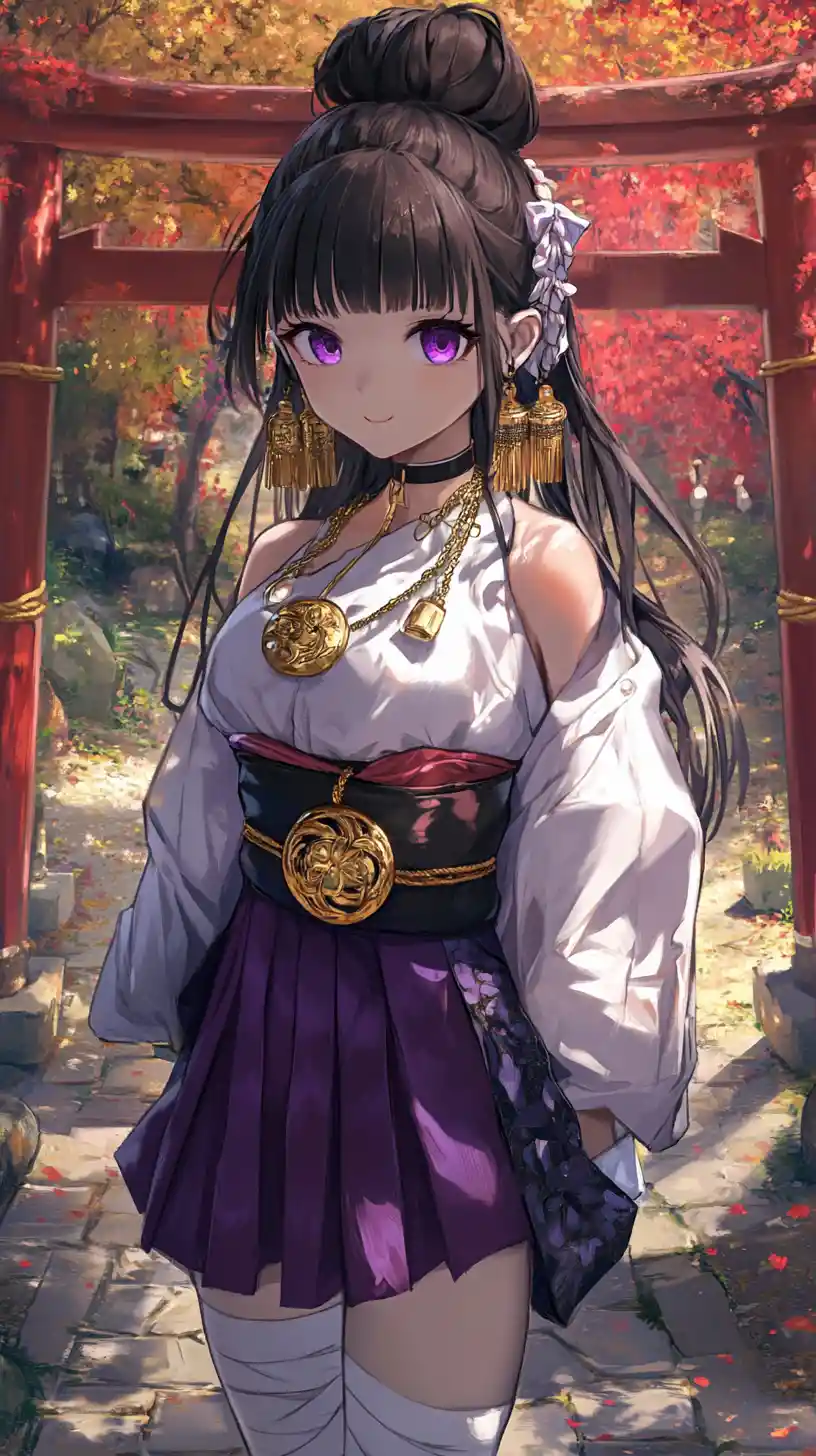 Anime girl in purple dress walking through bamboo forest