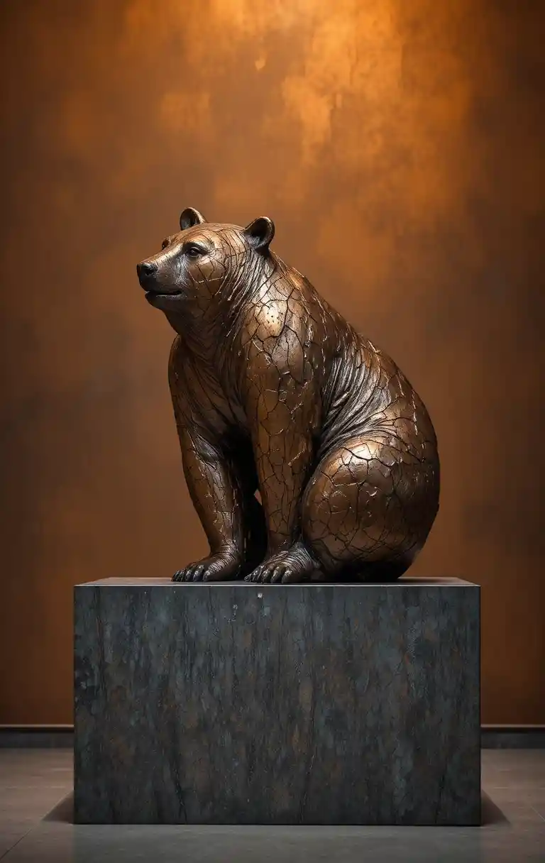 Bronze bear sculpture on textured base in warm light